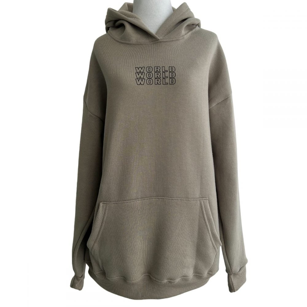 Hoodie Oversize Canguro World Beige frente