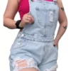 Jardinero Jean Short Denim Rígido Roturas Tiro Alto Flecos