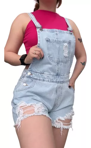 Jardinero Jean Short Denim Rígido Roturas Tiro Alto Flecos