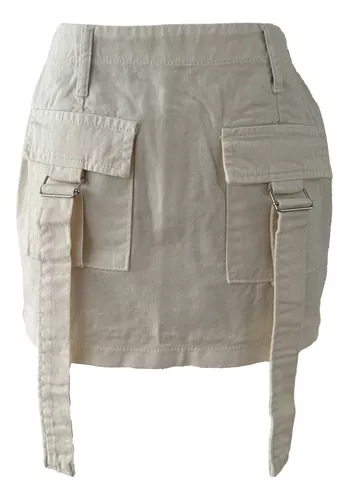 Pollera Jean Mini Cargo Con Tira Denim Tiro Alto Lindo Calce Blanco