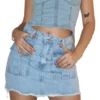 Pollera Cargo Mini Mom Tiro Alto Denim Falda Corta Flecos