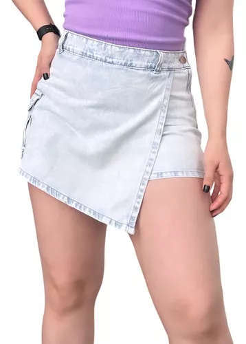 Mini Short Pollera Cargo Denim Tela Rígida Tiro Alto Nevada